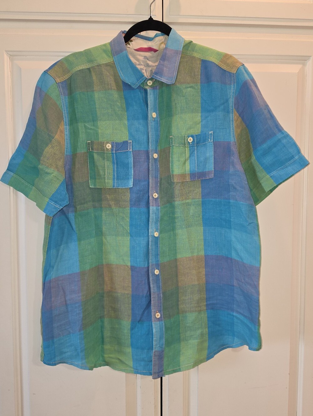 Tommy Bahama Relax Large Green & Blue Plaid Short-Sleeve Button-Up Shirt